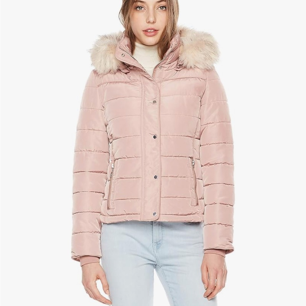 Women's Mauve Puffer Jacket with Faux Fur Trim